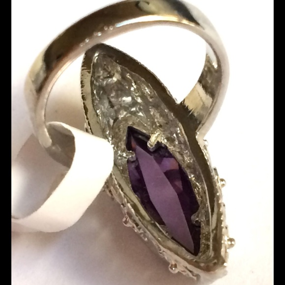 Silver Art Deco Amethyst Cocktail Ring Size 6 9 Rhodium Plated Filigree Vintage - Picture 7 of 8